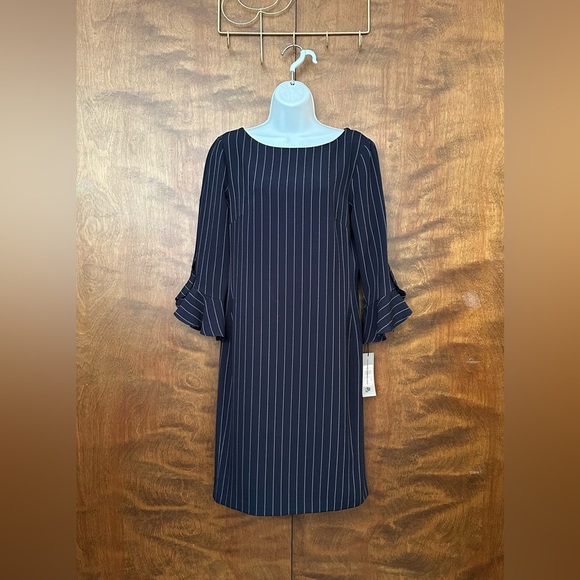 Karl Lagerfeld Paris Pinstripe Tulip Sleeve Shift Dress Womens 6 Navy & White - Picture 1 of 16
